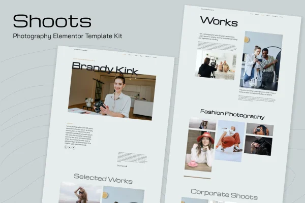 Shoots photography Elementor template kit preview with portfolio page layouts