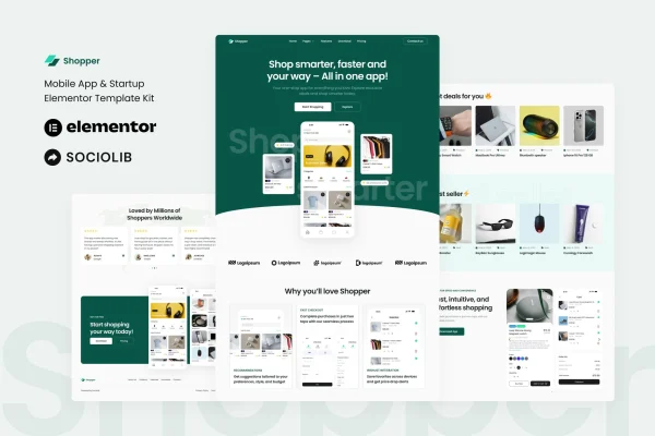 Shopper mobile app and startup Elementor template kit cover
