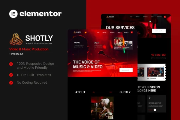 Shotly Elementor template kit cover for video and music production websites