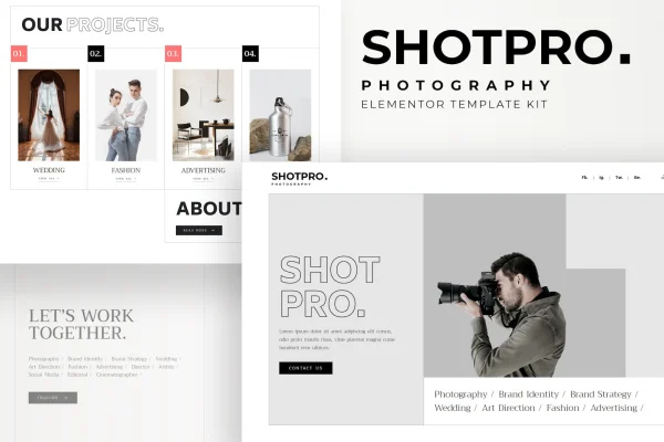Shotpro photography and portfolio Elementor template kit preview
