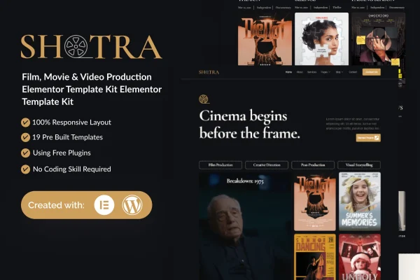 Shotra film and video production Elementor template kit preview