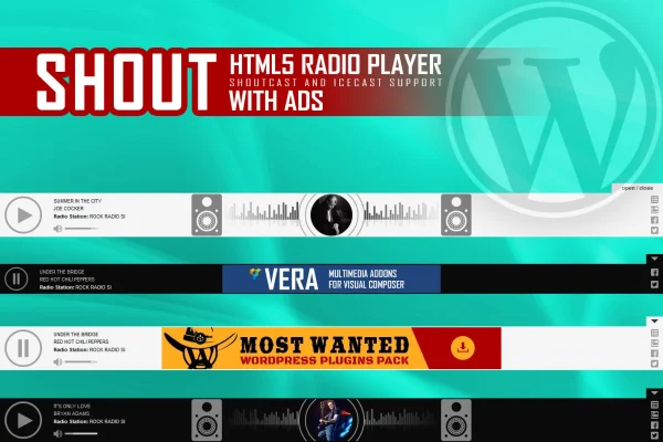SHOUT HTML5 radio player plugin banner showing a radio player with ad banner