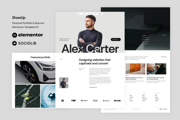 ShowUp personal portfolio and resume Elementor template kit preview