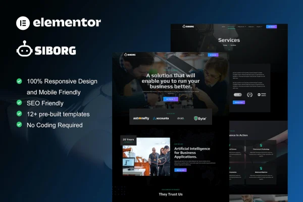 Siborg robotics and technology Elementor template kit page previews