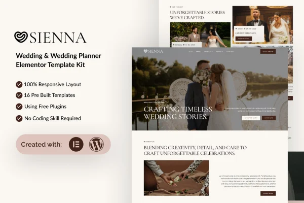 Sienna wedding planner Elementor template kit cover image