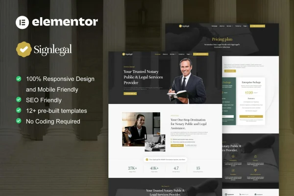 SignLegal notary public and legal services Elementor Pro template kit preview