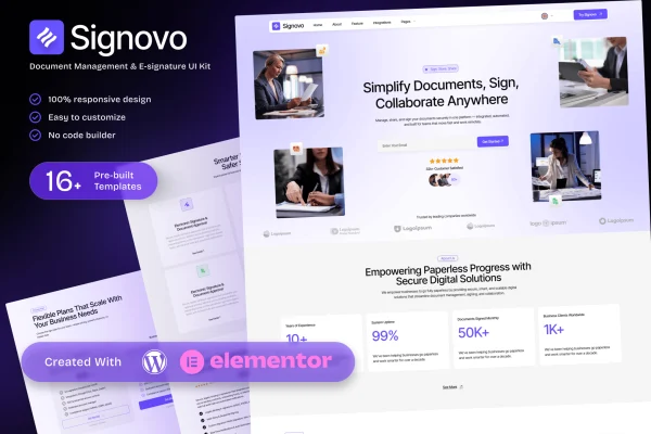 Signovo Elementor template kit cover for a document management and e-signature SaaS website