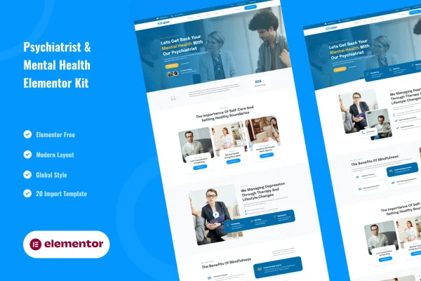 Sikiater mental health Elementor template kit preview with calm blue page layouts