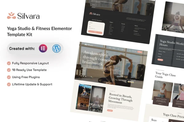 Silvara yoga studio and fitness Elementor template kit preview