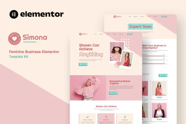 Simona feminine business Elementor template kit preview showing page layouts