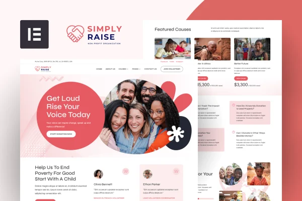 SimplyRise charity and donation Elementor template kit preview