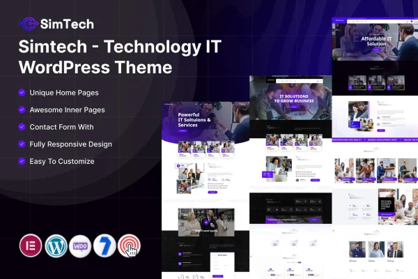 Simtech technology and IT WordPress theme preview showing a business homepage layout