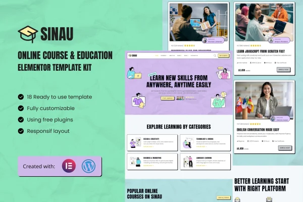 Sinau online course and education Elementor template kit preview