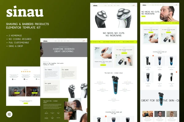 Sinau shaving and barber products Elementor template kit preview