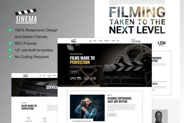 Sinema film maker and movie studio Elementor template kit preview