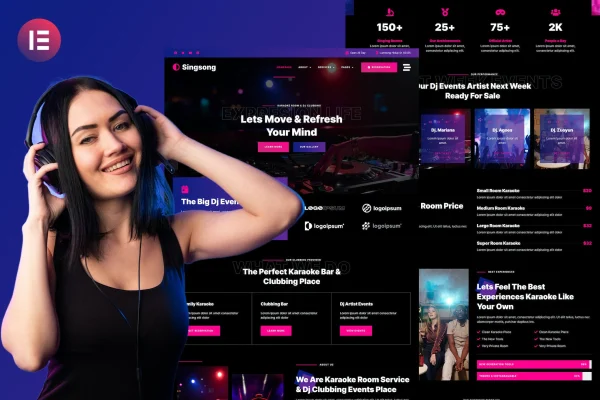 Singsong karaoke and DJ club Elementor template kit preview with dark gradient design
