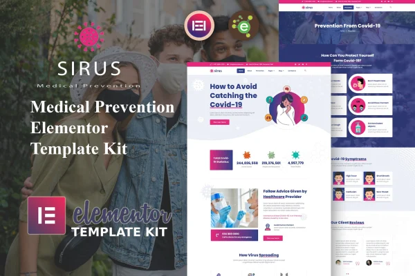 Sirus medical prevention Elementor template kit cover showing healthcare website pages