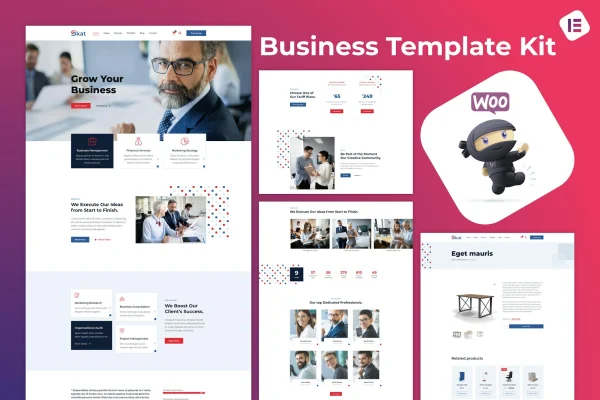 Skat corporate and business Elementor template kit cover with white and blue page layouts