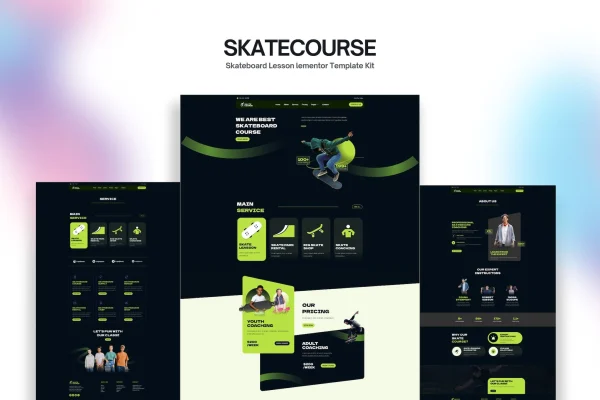 Skatecourse skateboard lesson Elementor template kit preview