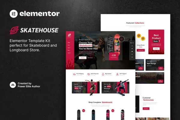 Skatehouse skateboard and extreme sports shop Elementor template kit preview