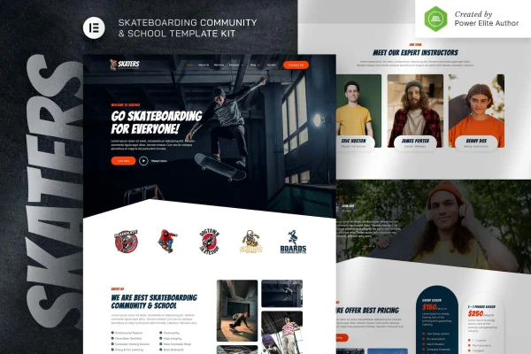 Skaters skateboarding community and club Elementor template kit preview