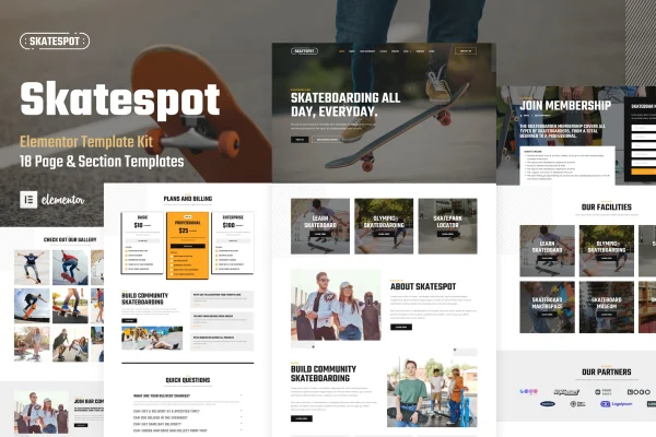 Skatespot Elementor Pro template kit preview for skate parks and skateboard communities