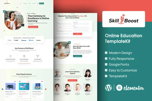 Skill Boost online education Elementor template kit preview