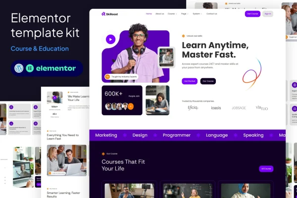 Skilloost Elementor template kit cover showing eCourse and education website page designs