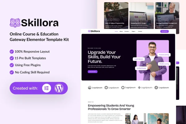 Skillora Elementor template kit preview for an online course and education website