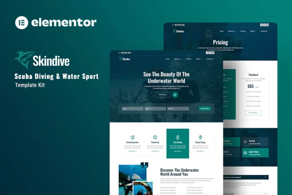 Skindive scuba diving and water sport Elementor template kit preview