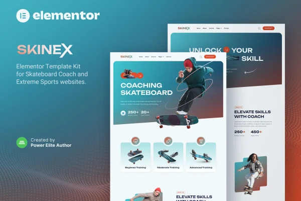 Skinex skateboard coach and lessons Elementor template kit preview