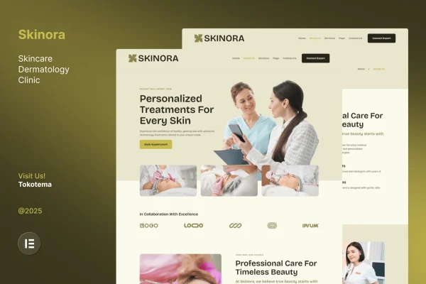 Skinora skincare and dermatology clinic Elementor template kit preview