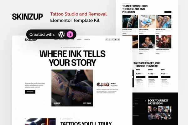 Skinzup tattoo studio and removal Elementor template kit preview