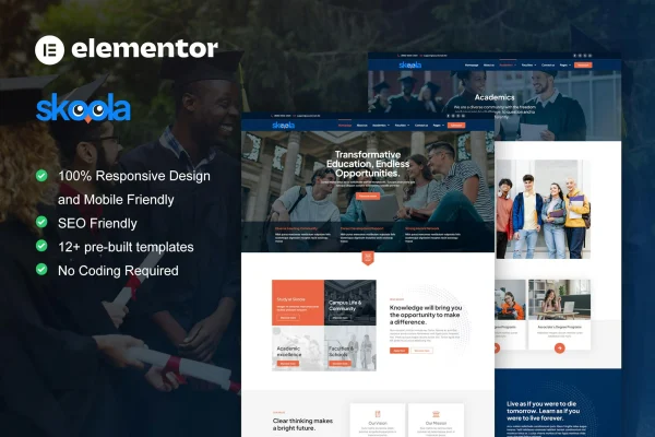 Skoola university and school Elementor template kit preview