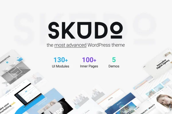 Skudo WordPress theme preview showing business and agency page layouts