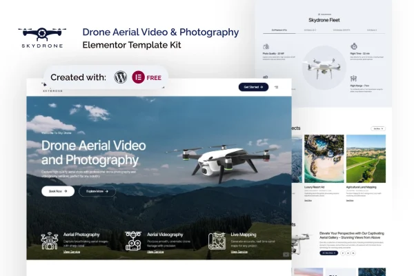 Skydrone Elementor template kit cover showing a drone aerial photography website layout