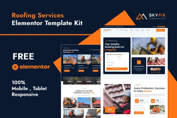 SkyFix roofing services Elementor template kit preview
