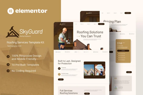 SkyGuard roofing services Elementor template kit page previews