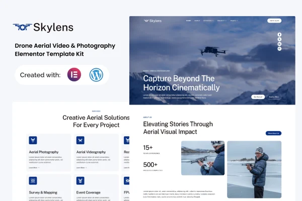 Skylens drone aerial video and photography Elementor template kit preview