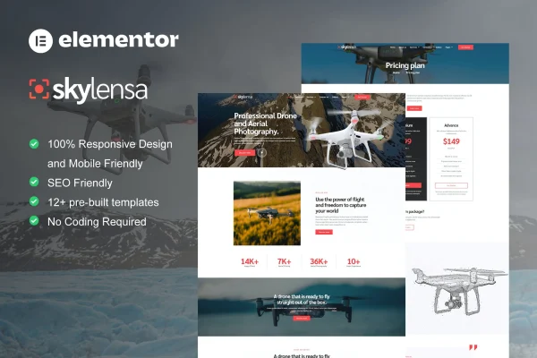 Skylensa aerial photography and videography Elementor template kit preview