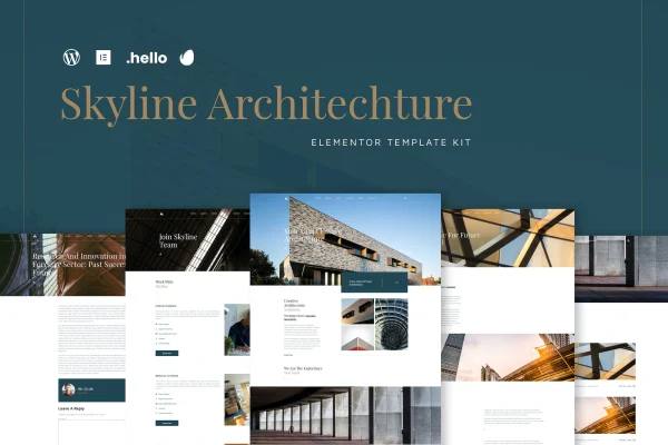 Skyline architecture Elementor template kit preview showing page layouts