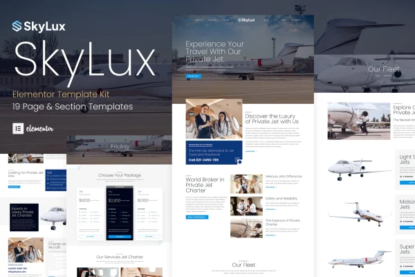 Skylux private jet charter Elementor template kit preview