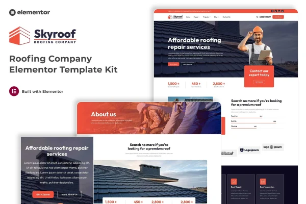 Skyroof roofing company Elementor template kit preview