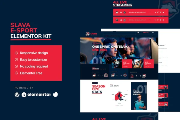 Slava esport and gaming Elementor template kit cover with dark-themed page previews