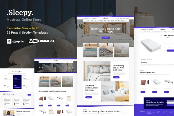 Sleepy mattress and bedding store Elementor template kit preview