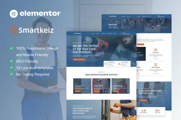 Smartkeiz locksmith service Elementor template kit cover showing website page previews