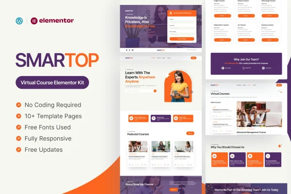 Smartop virtual course Elementor template kit page previews
