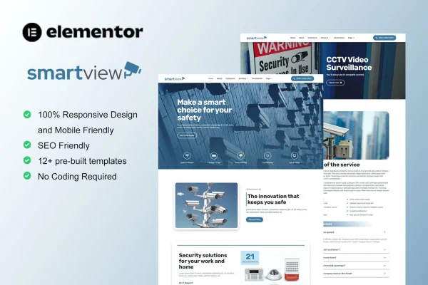 SmartView CCTV and security Elementor template kit preview