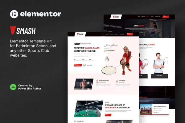Smash badminton school and sports club Elementor template kit preview