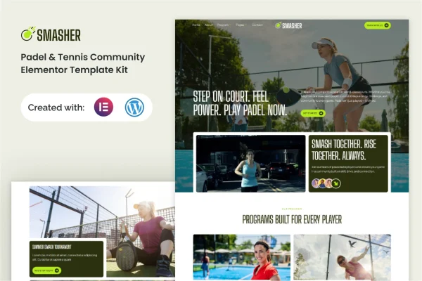 Smasher padel tennis community Elementor template kit cover image